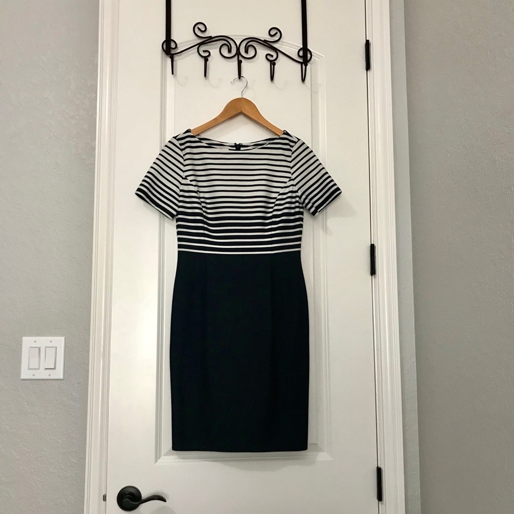 Evan-Picone Navy and Cream Striped Shift Dress